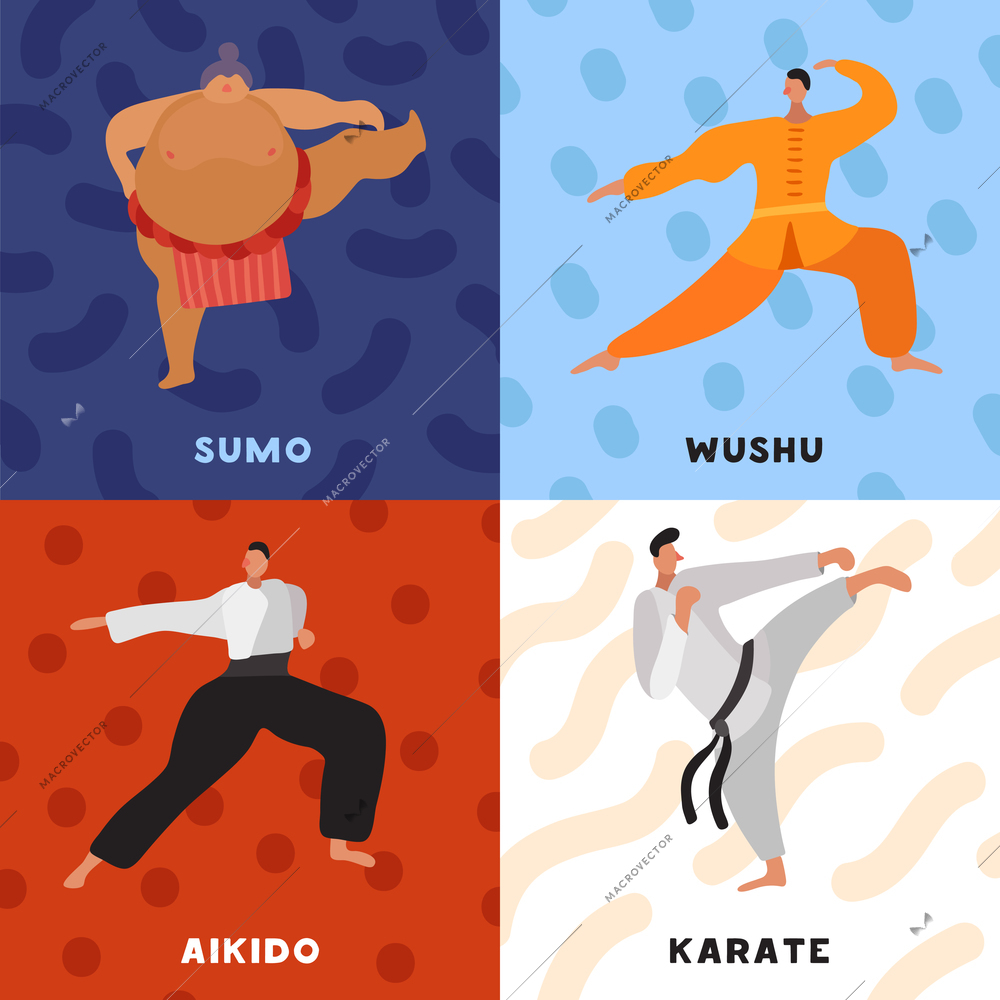 Martial arts flat design concept with fighters in sports uniform during practice isolated vector illustration