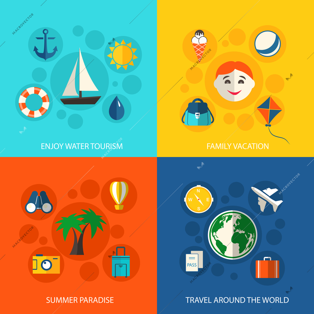 Summer travel vacation concept flat icons set of water tourism family trip tropical paradise and around the world flight for infographics design web elements vector illustration