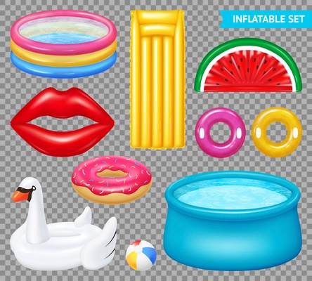 Set of realistic inflatable objects pools and swimming equipment isolated on transparent background vector illustration