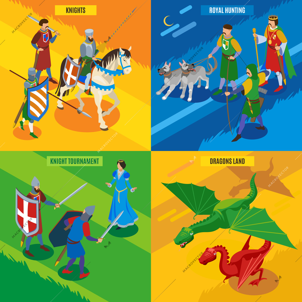 Medieval isometric 2x2 design concept with human characters of cold warriors princess dragons and editable text vector illustration