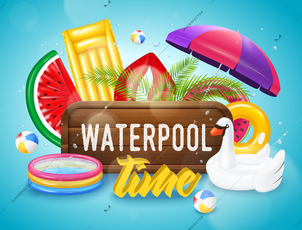 Realistic inflatable pool with swimming equipment horizontal poster on blue background with water drops vector illustration