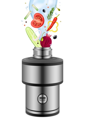 Various eating products with water falling into food waste disposer realistic composition on white background vector illustration