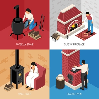 Classic fire place potbelly stove and various ovens isometric design concept isolated on colorful background vector illustration