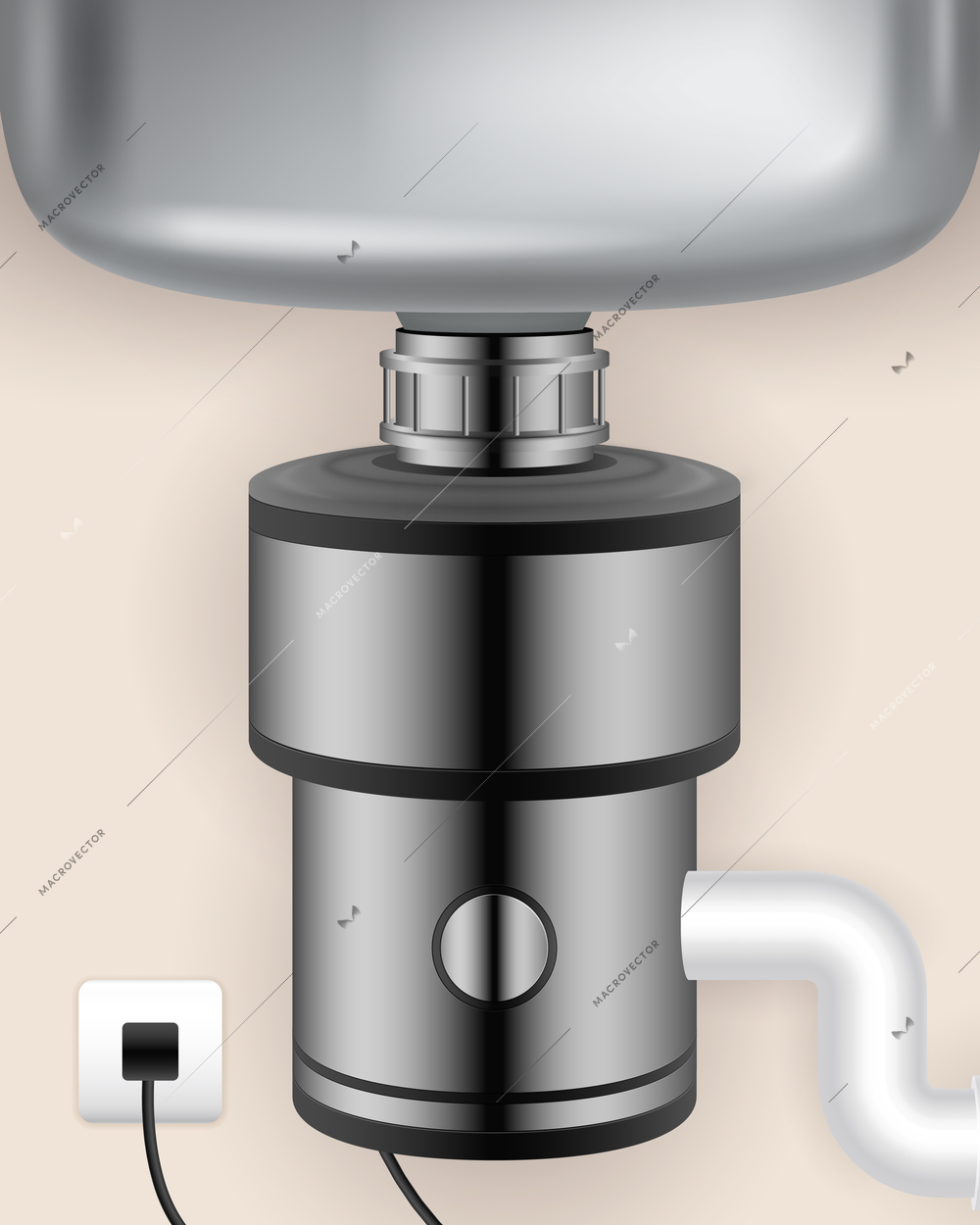 Realistic food waste disposer installed to kitchen sink and connected to electric socket vector illustration