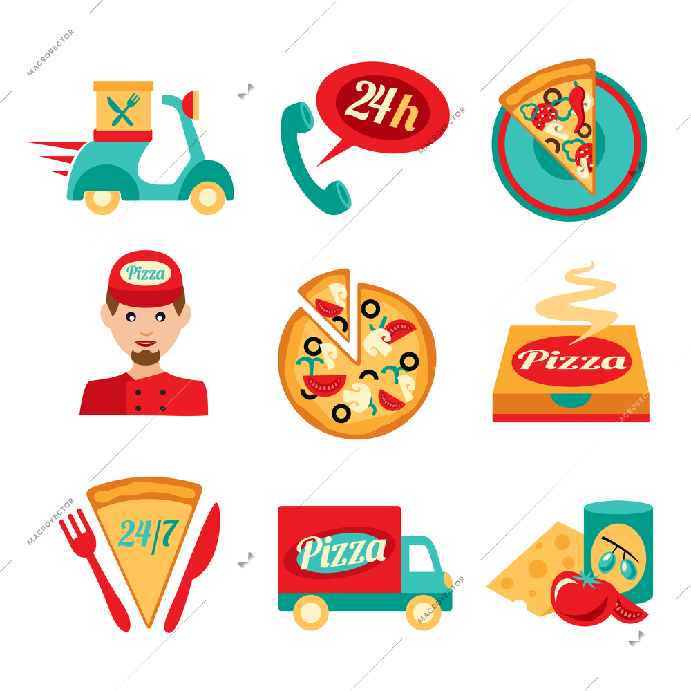 Fast food pizza delivery decorative icons set isolated vector illustration