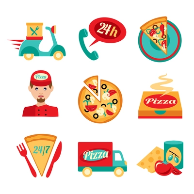 Fast food pizza delivery decorative icons set isolated vector illustration