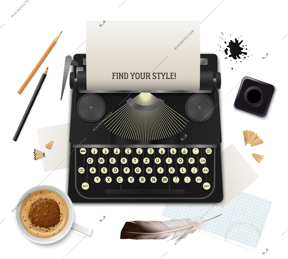 Set of realistic literature objects of writer top view on white background vector illustration