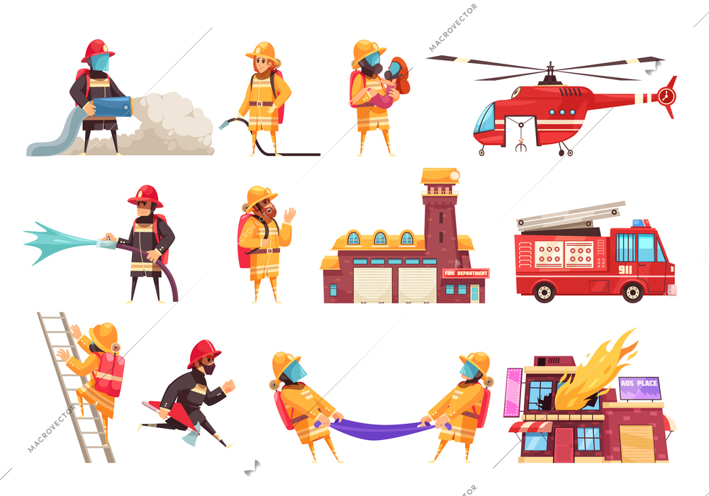 Fire department firefighter set with flat isolated images of fire extinguishing equipment vehicles and human characters vector illustration