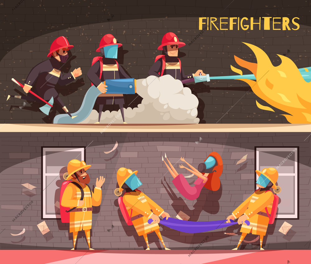 Set of two horizontal firefighter banners with cartoon style images and human characters in fire situations vector illustration