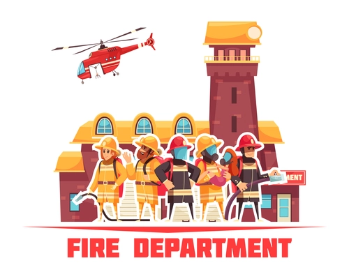 Firefighter composition with text and flat images of fire station building and helicopter with human characters vector illustration