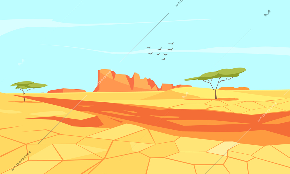 Desert composition with flat landscape of deserted place landscape with chapped sandy grounds and canyons vector illustration