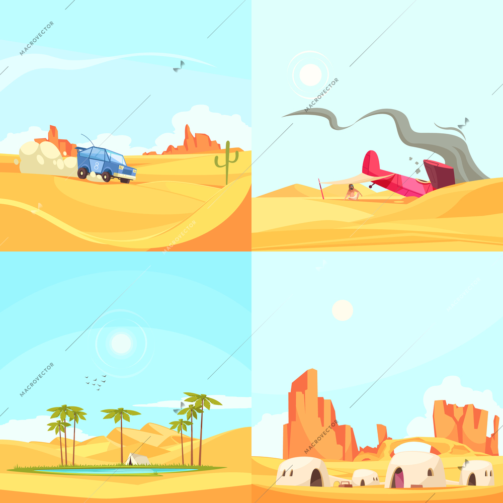 Desert design concept with deserted region landscapes with rally cars oasis fallen aircraft and dwelling houses  vector illustration