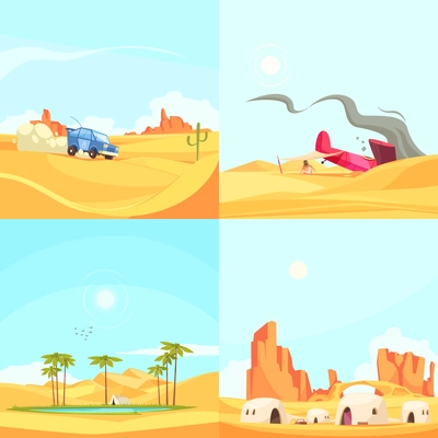 Desert design concept with deserted region landscapes with rally cars oasis fallen aircraft and dwelling houses  vector illustration