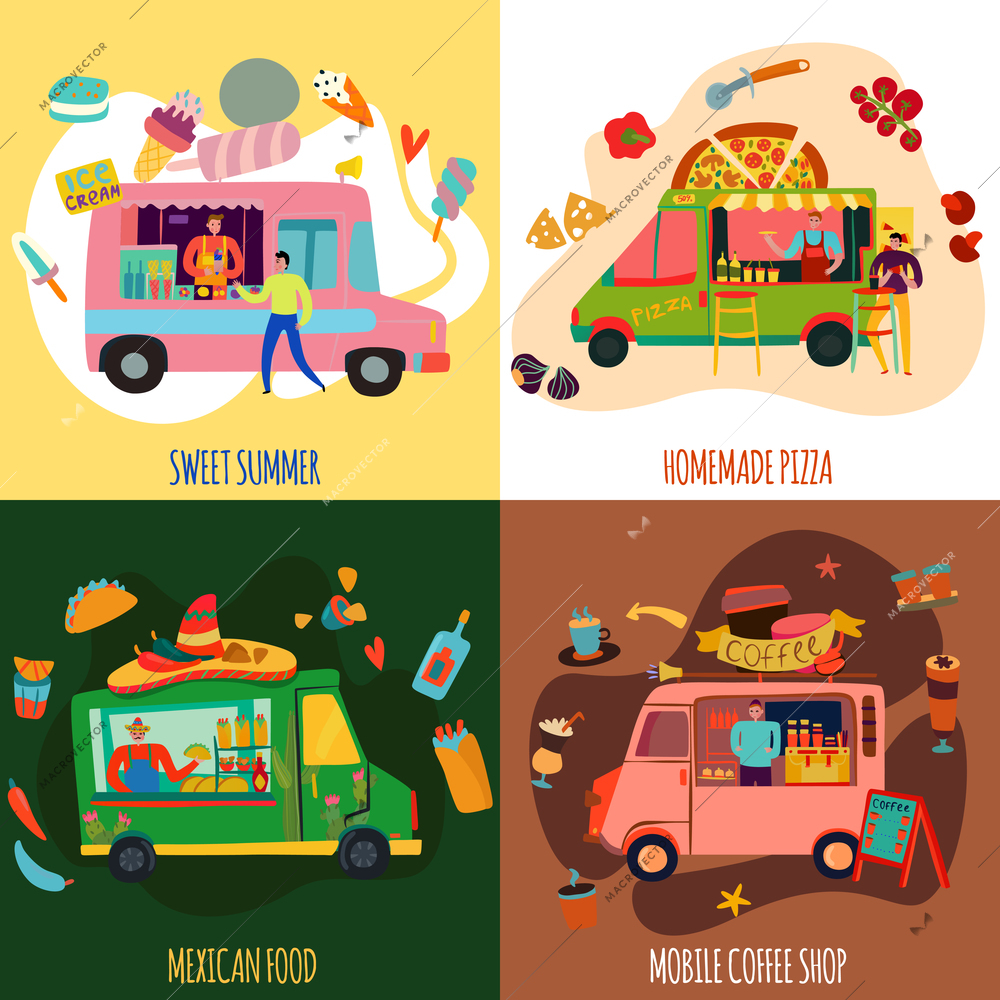 Food trucks concept icons set with ice cream and coffee symbols flat isolated vector illustration