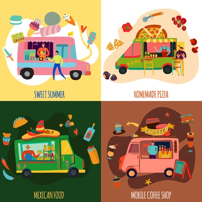 Food trucks concept icons set with ice cream and coffee symbols flat isolated vector illustration