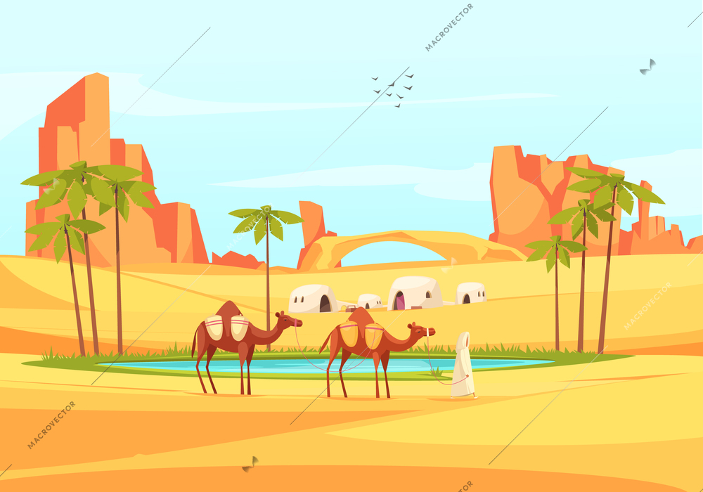 Desert outdoor composition of deserted place landscape with flat images of sandy canyons and train of camels vector illustration