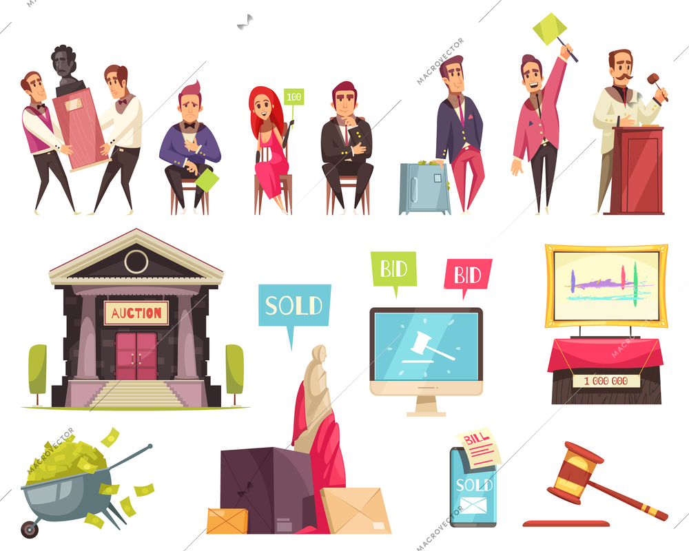 Auction set of isolated human characters and flat images of antiquity with text bubbles and pictograms vector illustration