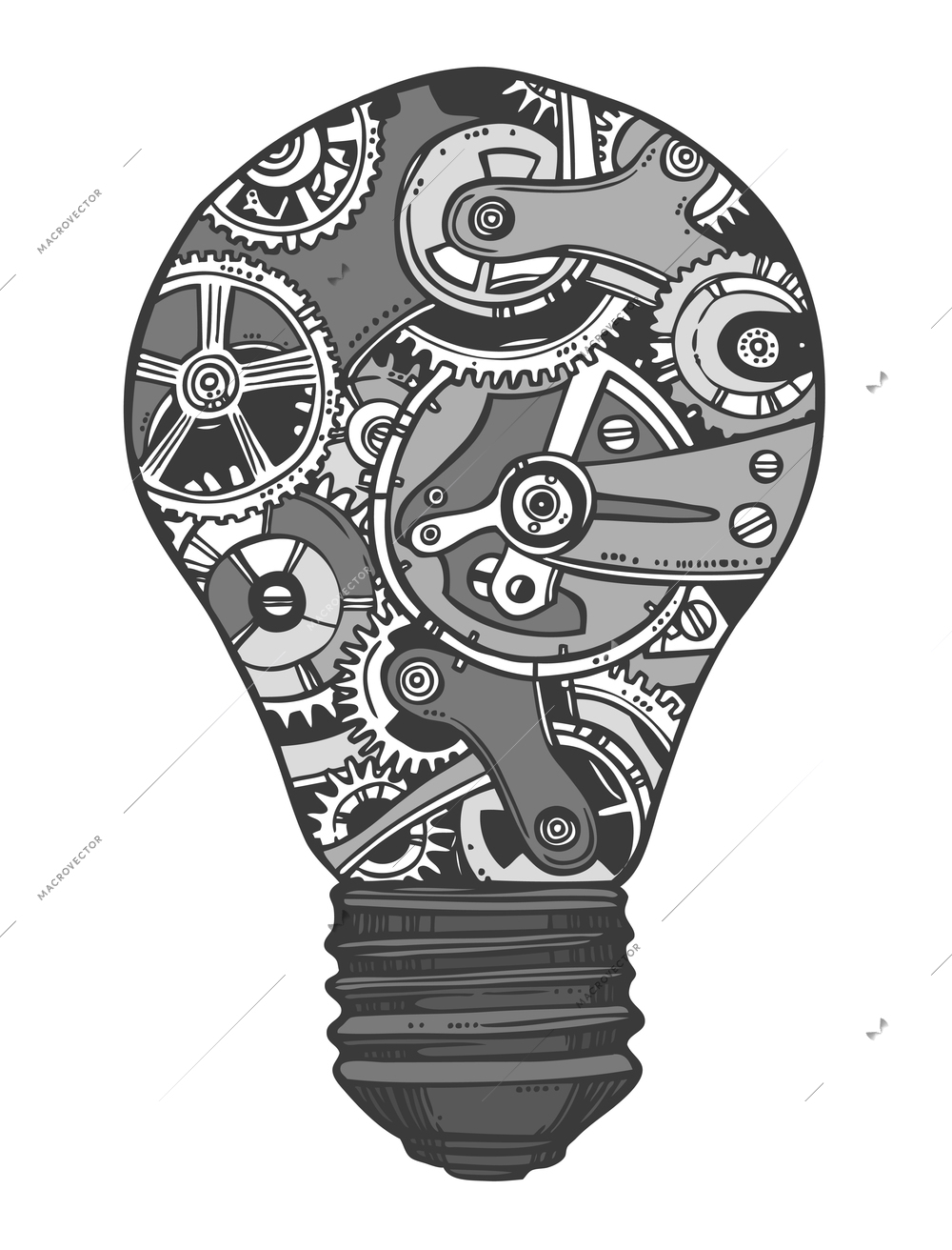 Sketch grunge cogwheel gears mechanisms lightbulb isolated vector illustration