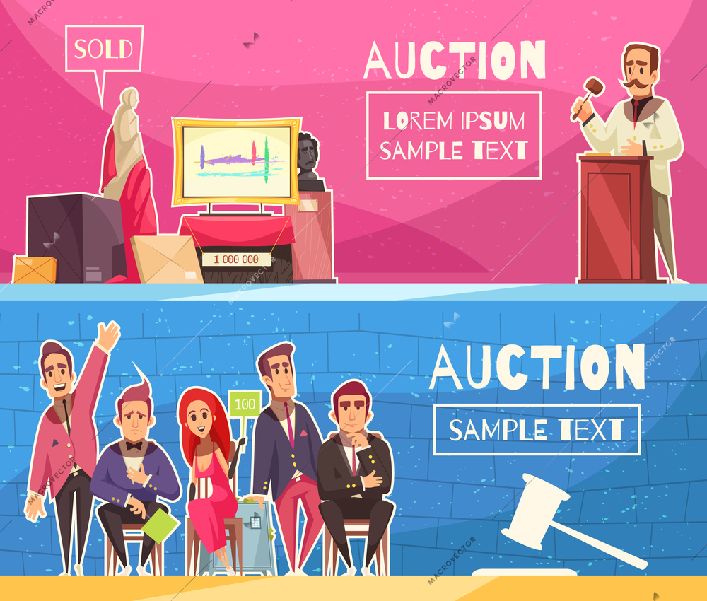 Auction set of two horizontal banners with editable text and flat doodle characters of participating people vector illustration