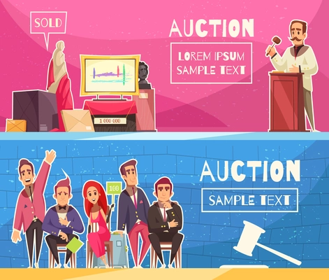 Auction set of two horizontal banners with editable text and flat doodle characters of participating people vector illustration