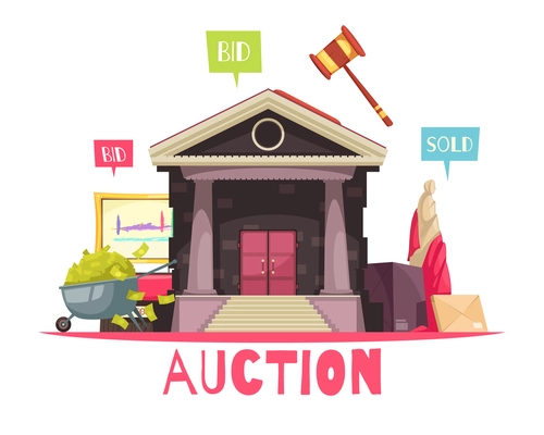 Auction composition with text and vintage style building with flat pictogram images and text auction actions vector illustration