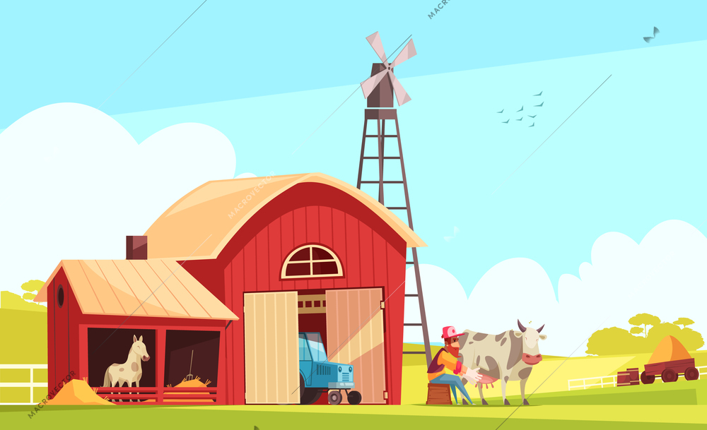 Milk farm composition with suburban landscape and farm buildings with human character of farmer milking cow vector illustration