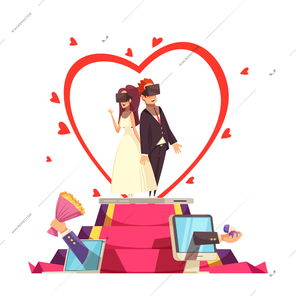 Virtual love wedding composition with two cartoon style human characters in augmented reality goggles with gadgets vector illustration