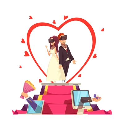 Virtual love wedding composition with two cartoon style human characters in augmented reality goggles with gadgets vector illustration