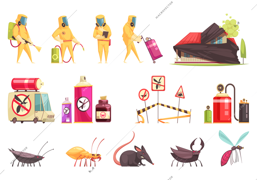 Disinfection pest control set of flat isolated images with insects decontamination equipment items and disinfector characters vector illustration