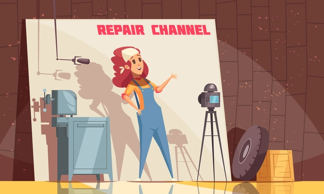 Repair channel blogger composition with cartoon style female character in uniform recording herself on digital camera vector illustration