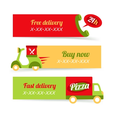 Fast food pizza free delivery 24h banners set isolated vector illustration