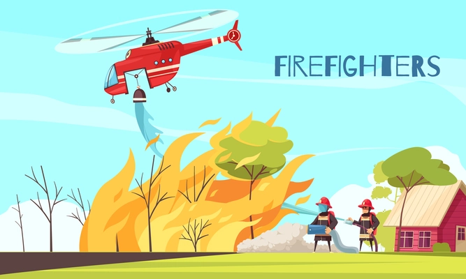 Firefighters outdoor composition with human characters of fire fighting crew with helicopter suppressing trees on fire vector illustration