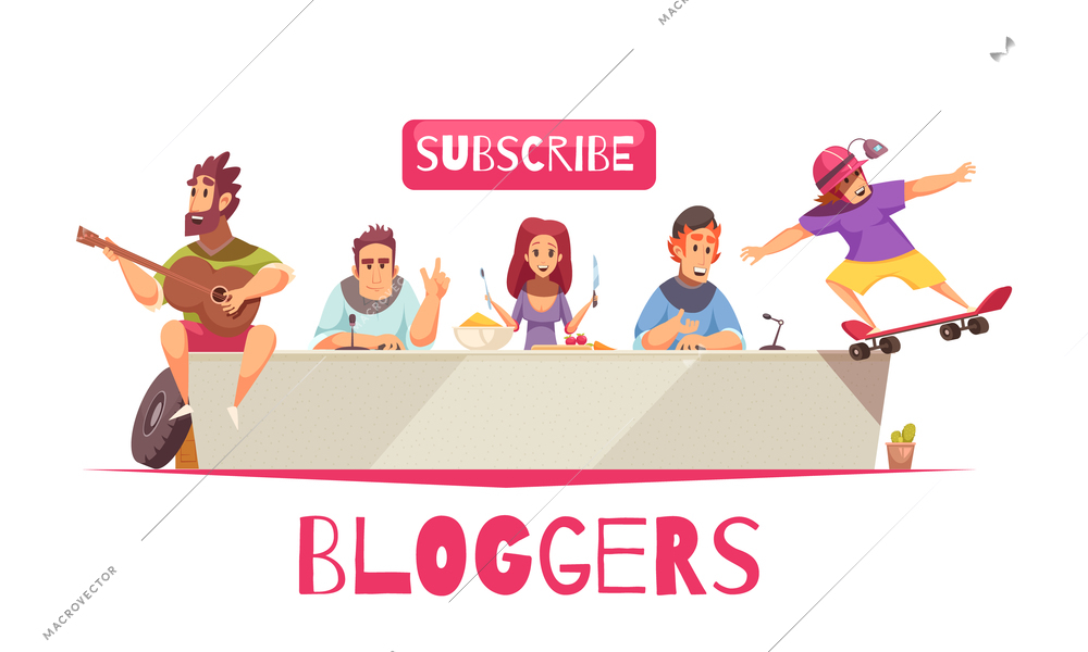 Bloggers composition with doodle style human characters of online broadcasters with subscribe button and ornate text vector illustration