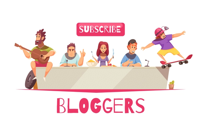 Bloggers composition with doodle style human characters of online broadcasters with subscribe button and ornate text vector illustration