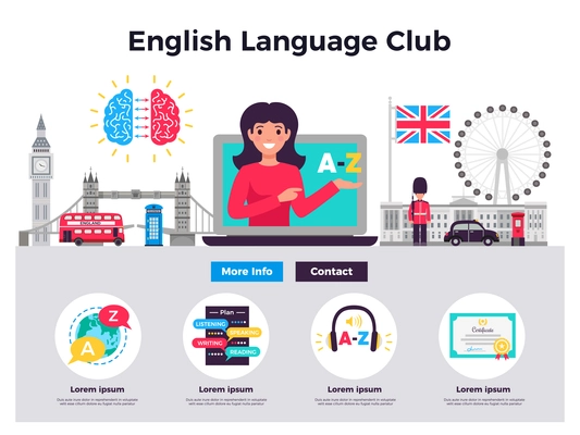 English language club website 2 flat horizontal banners design with training programs contacts big ben vector illustration