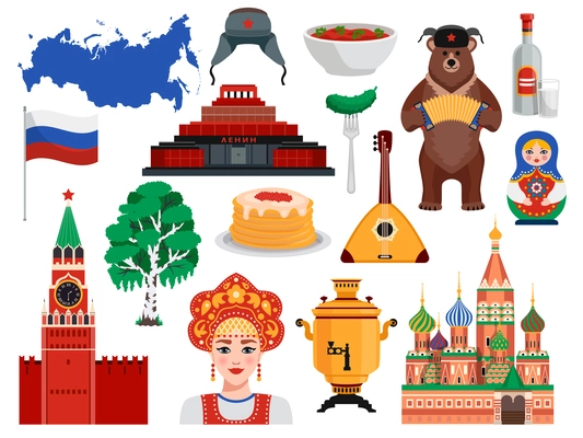 Russia travel symbols traditions landmarks flat set with pancakes kremlin vodka bear borscht birch tree vector illustration