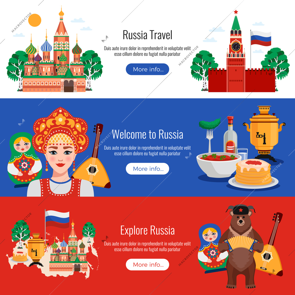 Russia travel symbols traditions landmarks 3 horizontal flat web banners set with cuisine kremlin vodka vector illustration
