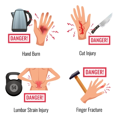 Human body parts injury warning 4 flat compositions set hand burn finger fracture lumber strain vector illustration