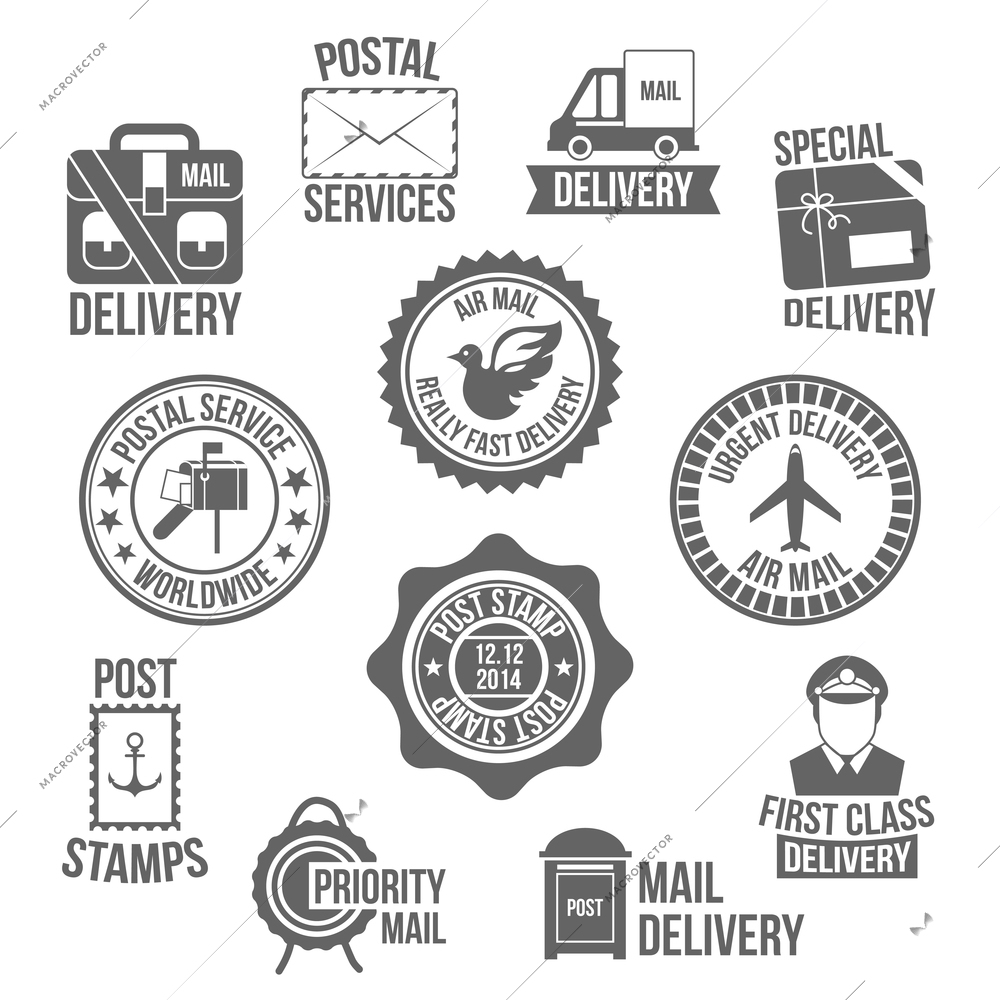 Post service special delivery worldwide mail label set isolated vector illustration