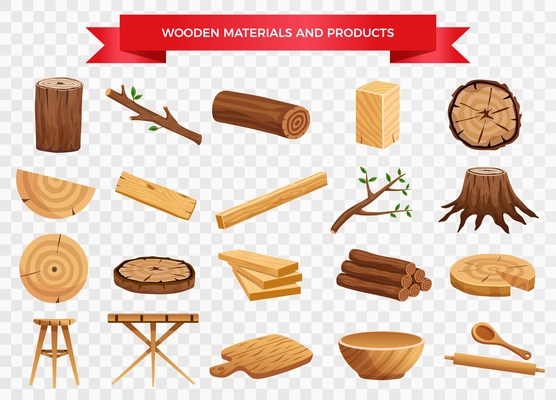 Wood material and manufactured products set with tree trunk branches planks kitchen utensils transparent background vector illustration