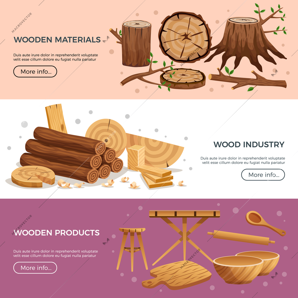 Wood industry 3 horizontal banners web page design with kitchen utensils manufactured out ecological material vector illustration