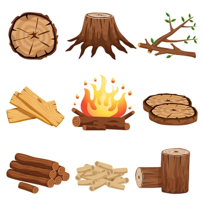 Firewood flat elements collection with tree stump branches cut logs circular segments planks campfire isolated vector illustration