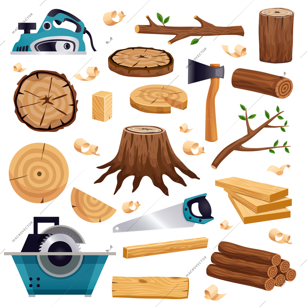 Wood industry material tools and production  flat set with tree trunk logs planks saw axe vector illustration