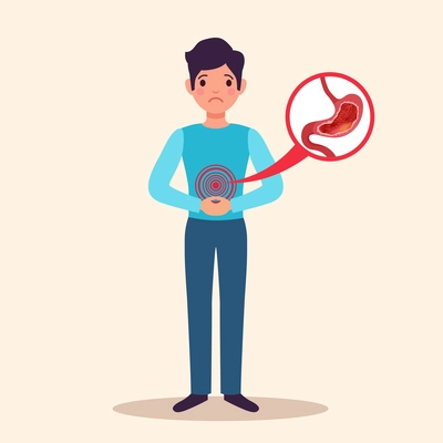 Chronic gastritis young male patient flat character with shown acute inflammation of swollen stomach lining vector illustration