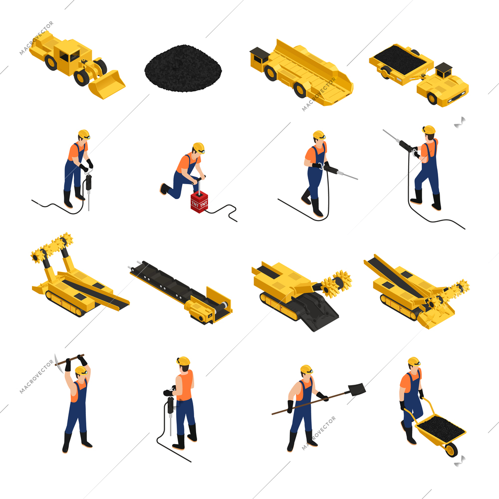 Set of isometric icons coal production miners with working tools and mining vehicles isolated vector illustration