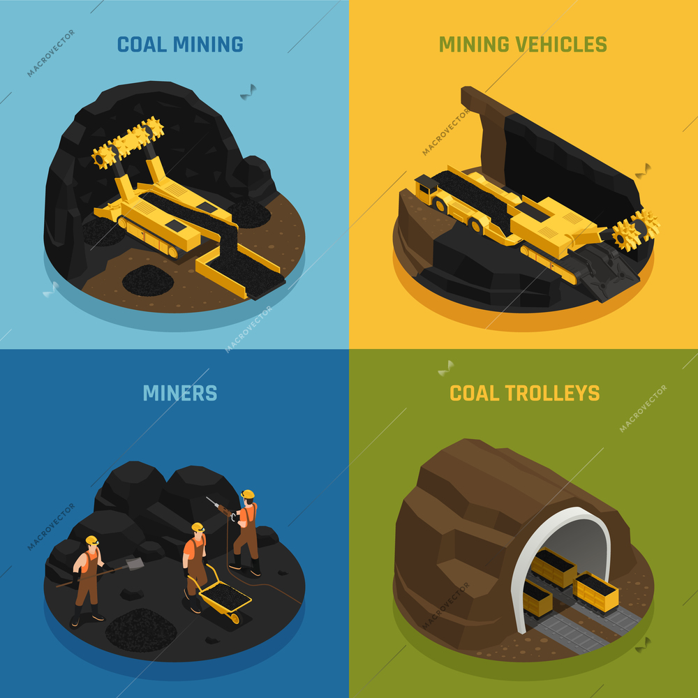 Miners during work vehicles and equipment for coal mining isometric design concept isolated vector illustration