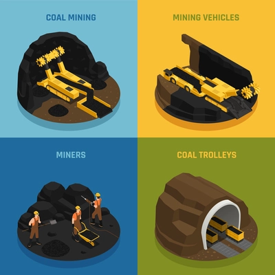 Miners during work vehicles and equipment for coal mining isometric design concept isolated vector illustration