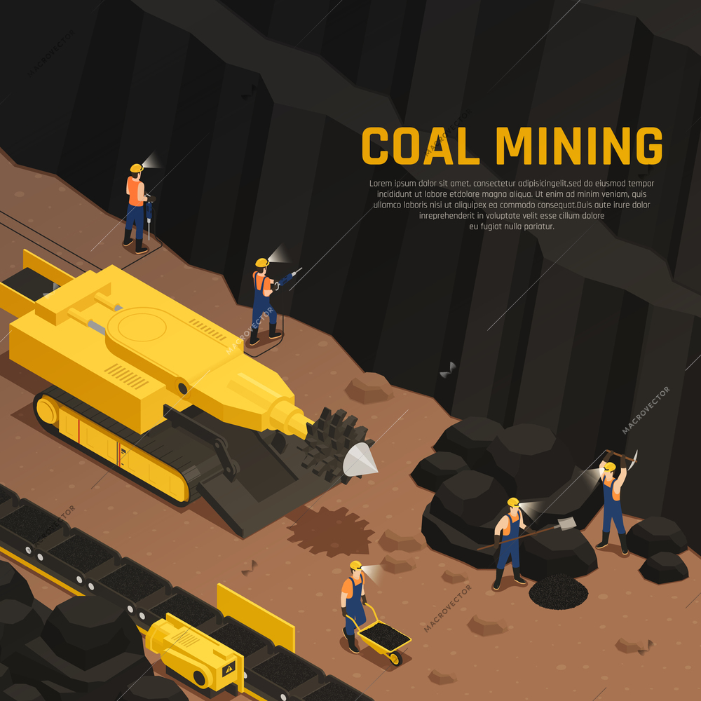 Miners during coal production in tunnel with drilling machine and conveyor equipment isometric composition vector illustration