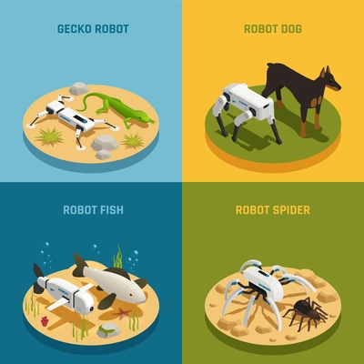 Bio robots and real animals isometric design concept with gecko dog fish and spider isolated vector illustration