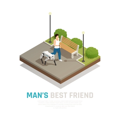 Man and bio robot dog on leash during street walking isometric composition vector illustration